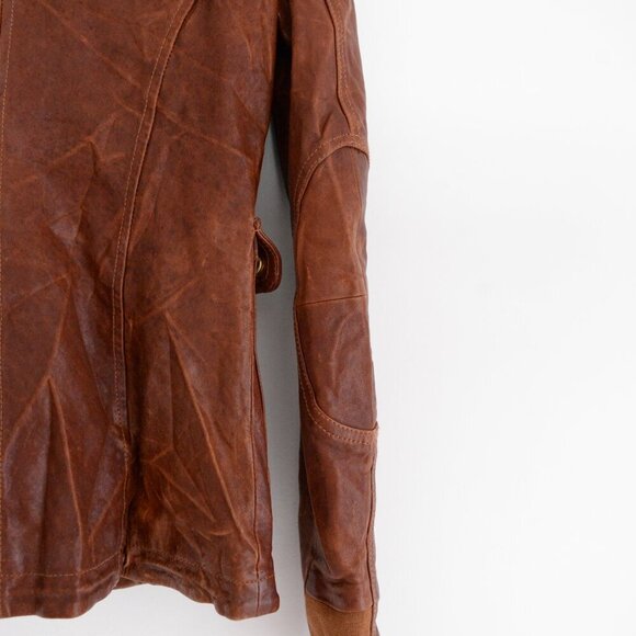 Mackage Brown 100% Leather Designer Zip Up Flap Pocket Hood Biker Jacket XXS - Picture 13 of 16